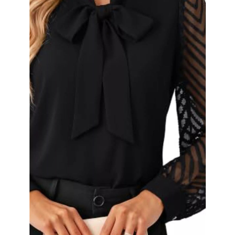 Bow-Tie Blouse with Sheer Chevron Long Sleeves Apparel and Accessories