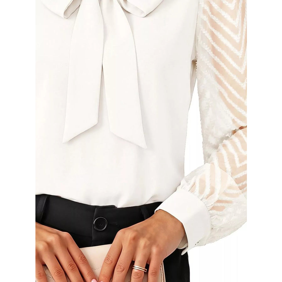Bow-Tie Blouse with Sheer Chevron Long Sleeves Apparel and Accessories