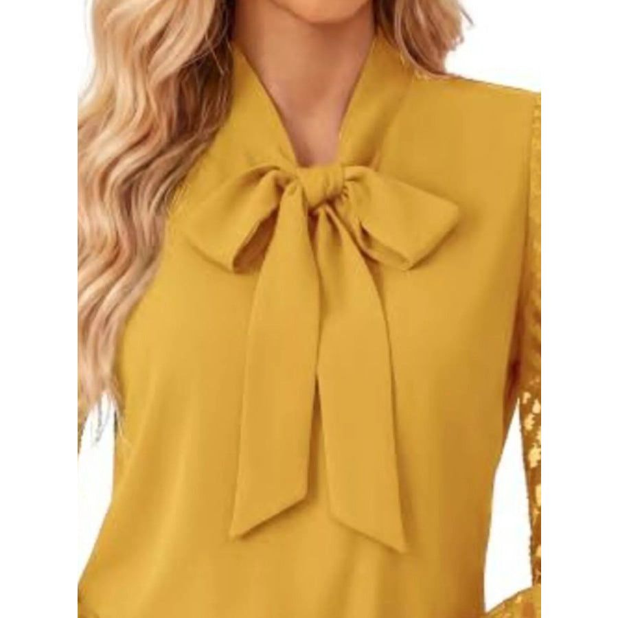 Bow-Tie Blouse with Sheer Chevron Long Sleeves Apparel and Accessories