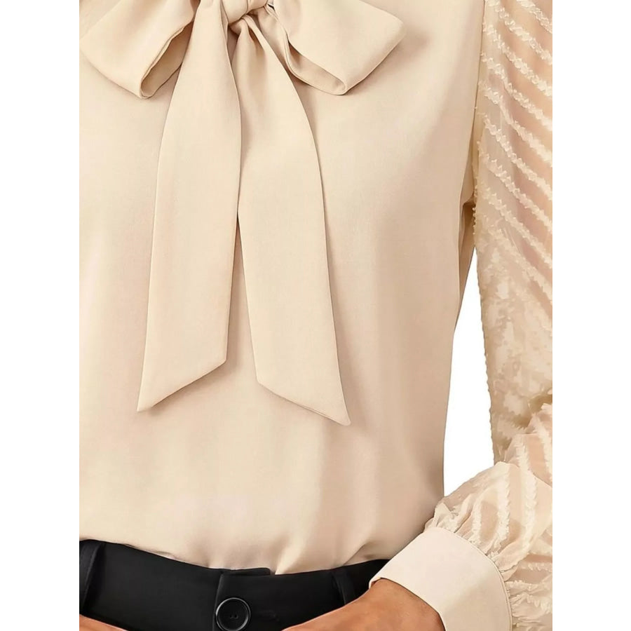Bow-Tie Blouse with Sheer Chevron Long Sleeves Apparel and Accessories