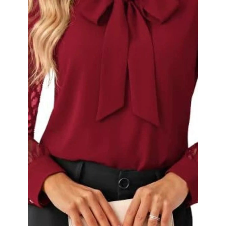 Bow-Tie Blouse with Sheer Chevron Long Sleeves Apparel and Accessories
