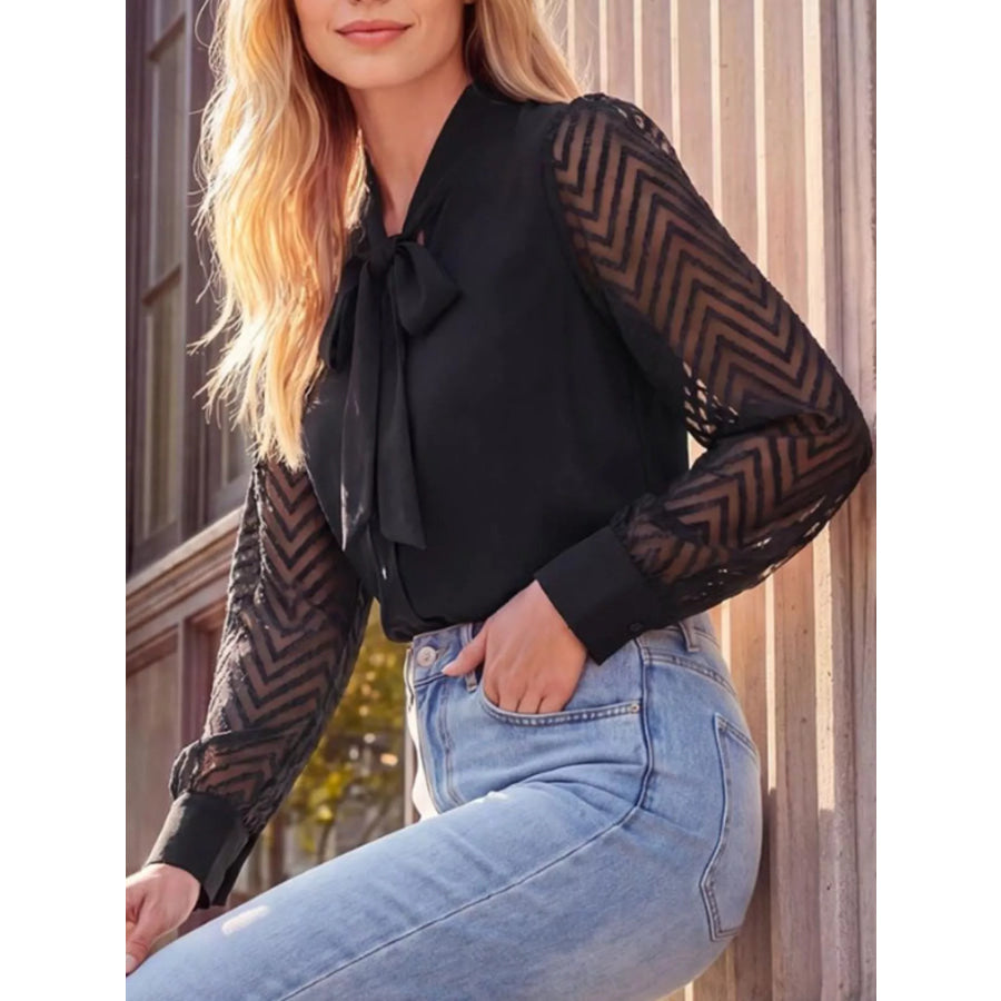 Bow-Tie Blouse with Sheer Chevron Long Sleeves Black / S Apparel and Accessories