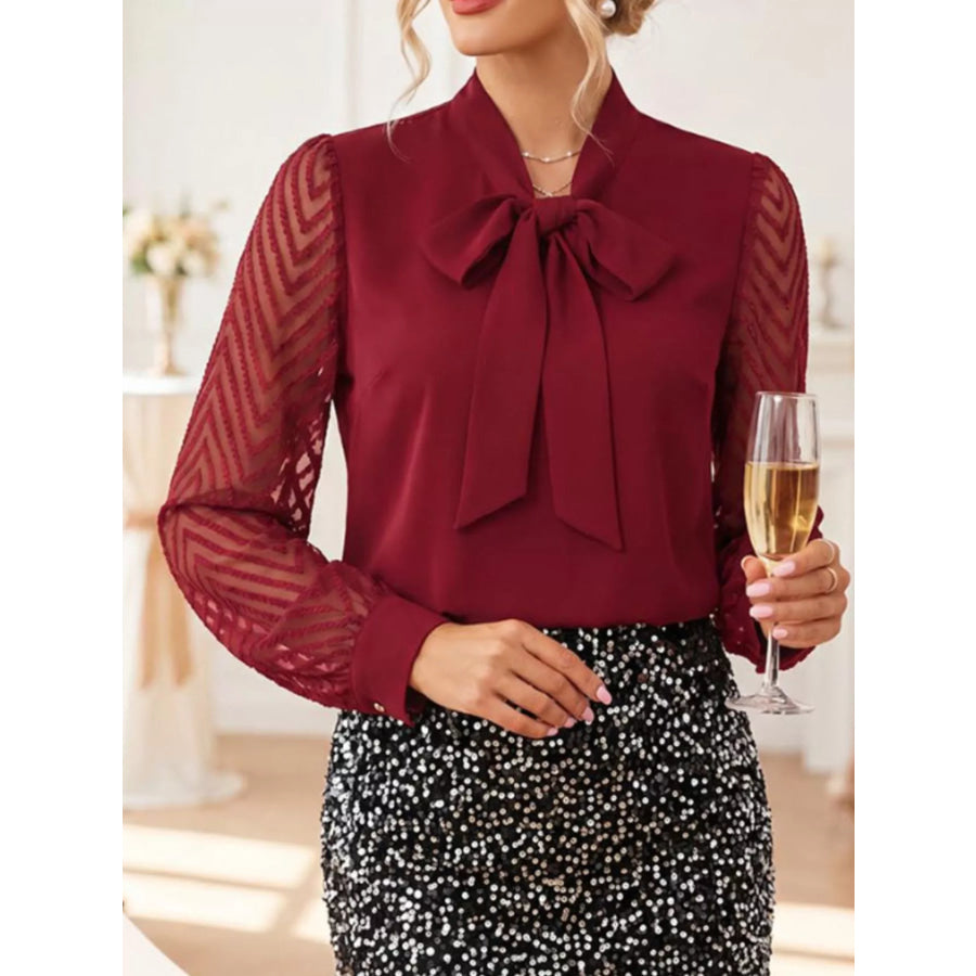 Bow-Tie Blouse with Sheer Chevron Long Sleeves Wine Red / S Apparel and Accessories