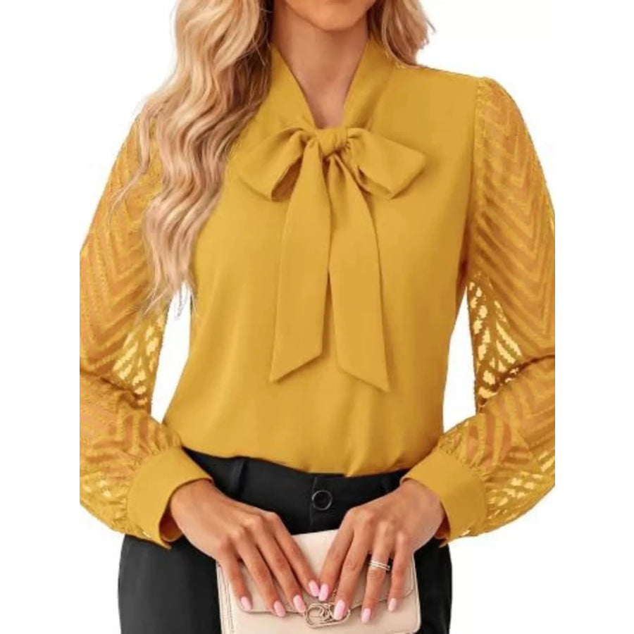 Bow-Tie Blouse with Sheer Chevron Long Sleeves Yellow / S Apparel and Accessories