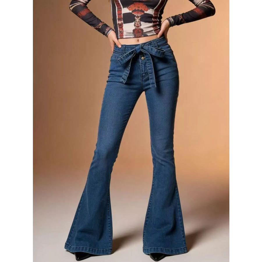Bow-Tie High-Waisted Flare Jeans Aqua / S Apparel and Accessories