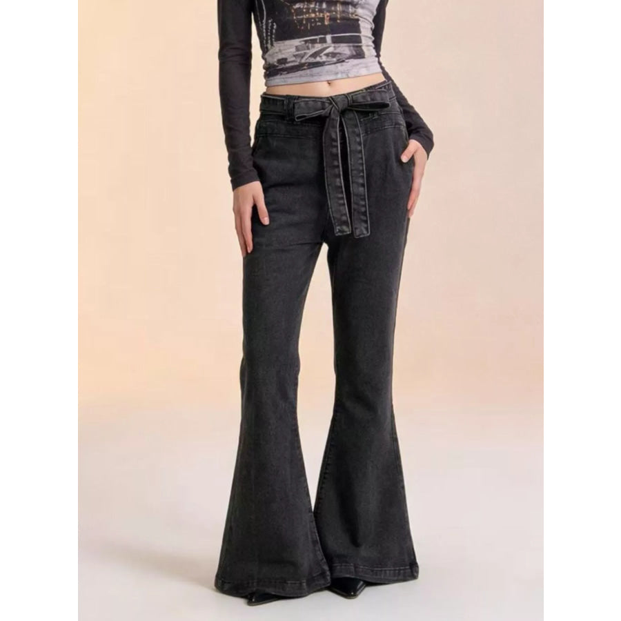 Bow-Tie High-Waisted Flare Jeans Black / S Apparel and Accessories