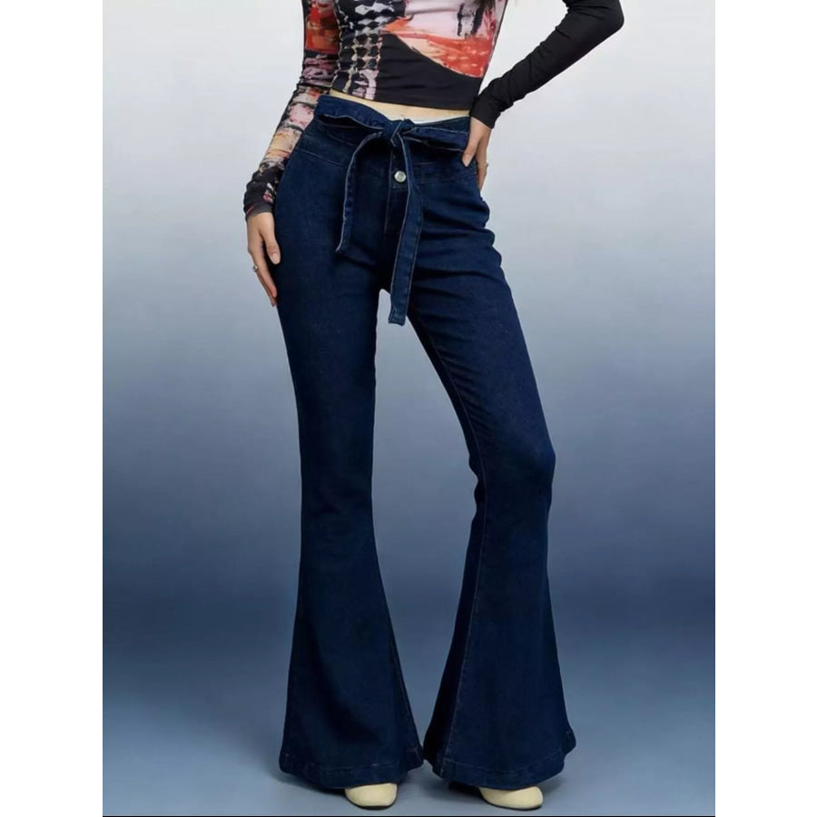 Bow-Tie High-Waisted Flare Jeans Blue / S Apparel and Accessories