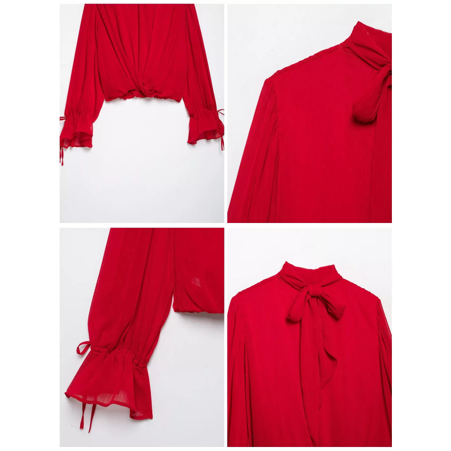 Bow-Tie Neck Flounce Sleeve Blouse Apparel and Accessories