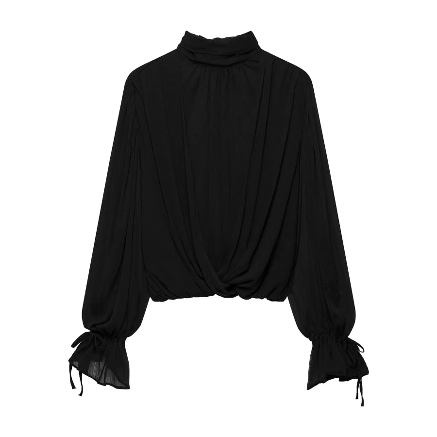 Bow-Tie Neck Flounce Sleeve Blouse Black / XS Apparel and Accessories