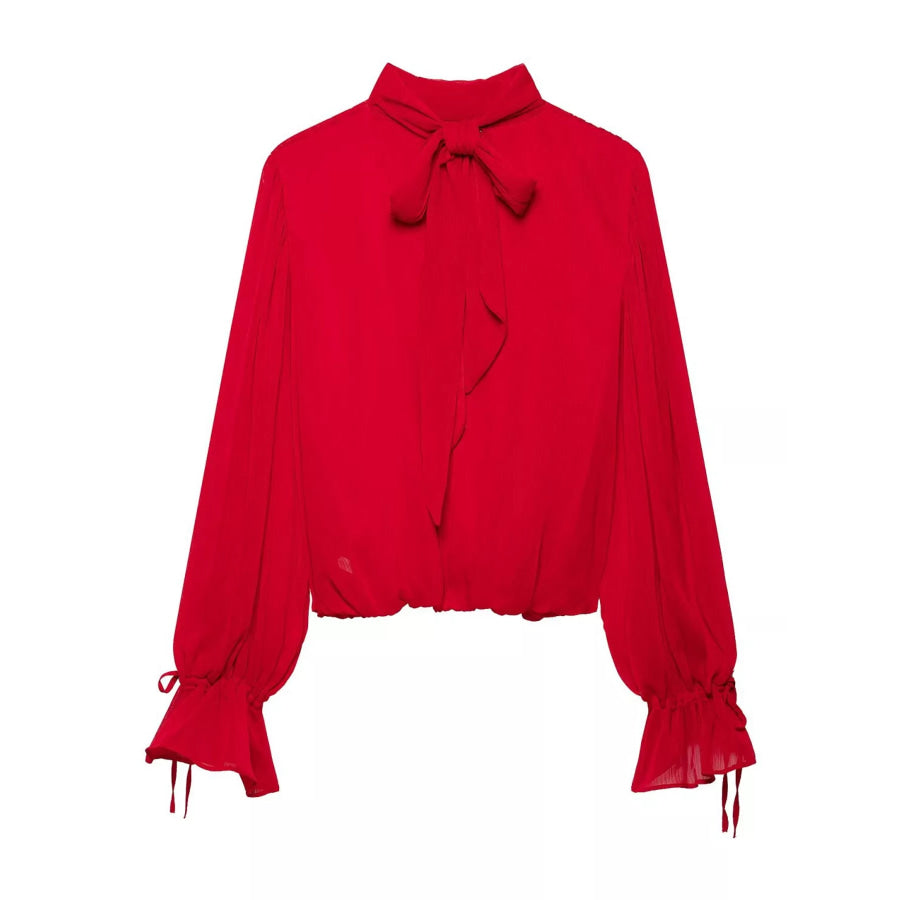 Bow-Tie Neck Flounce Sleeve Blouse Red / XS Apparel and Accessories