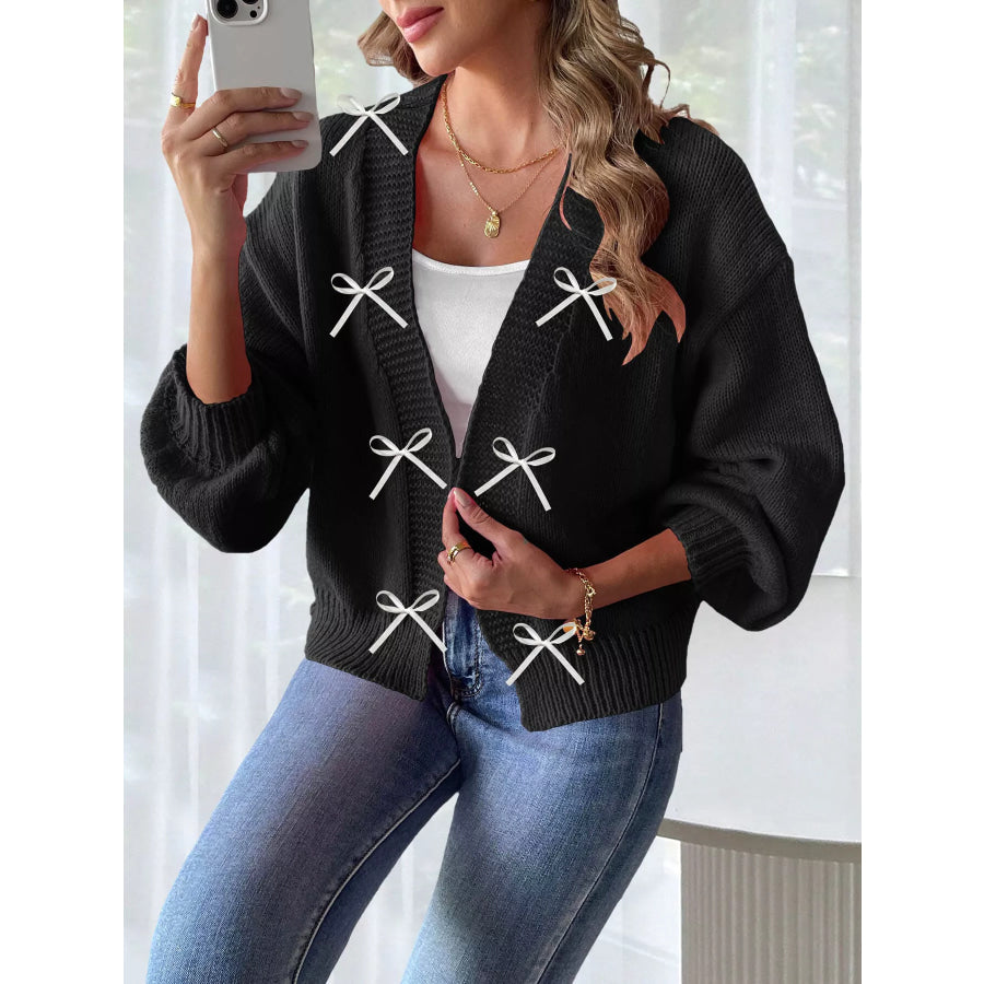 Bow-Tie Open Front Knit Cardigan Black / S Apparel and Accessories