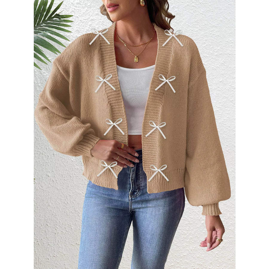 Bow-Tie Open Front Knit Cardigan Khaki / S Apparel and Accessories