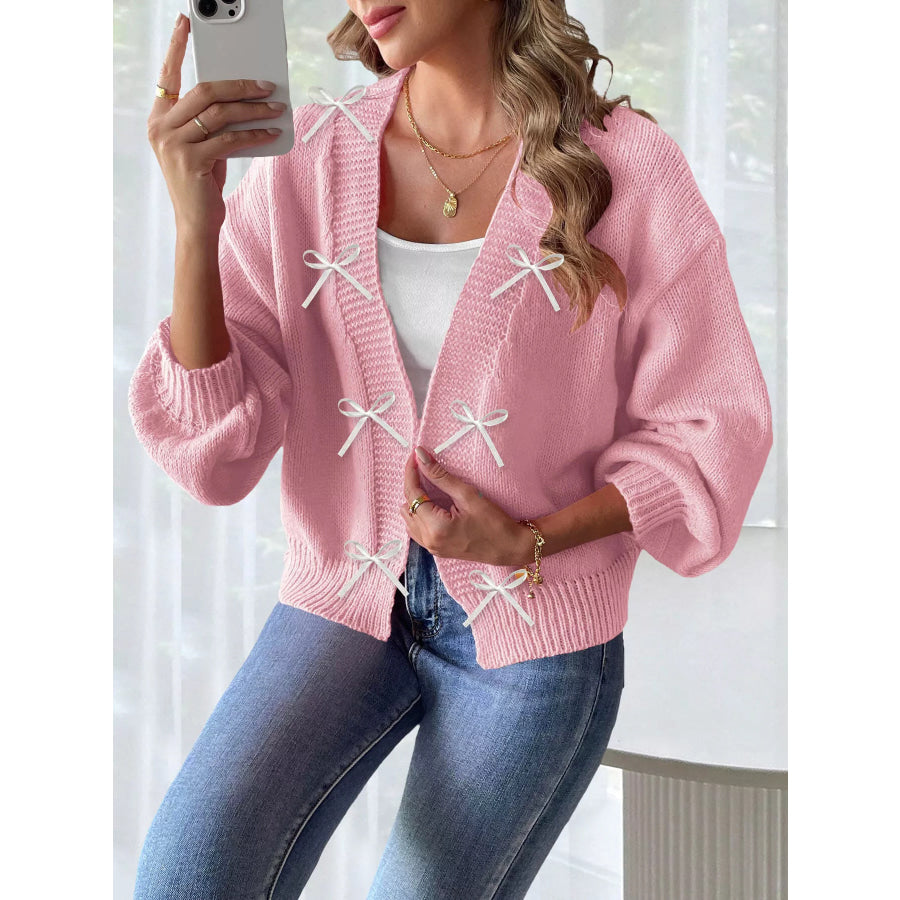 Bow-Tie Open Front Knit Cardigan Pink / S Apparel and Accessories