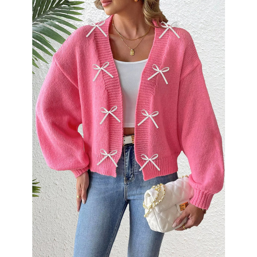 Bow-Tie Open Front Knit Cardigan Rose Red / S Apparel and Accessories