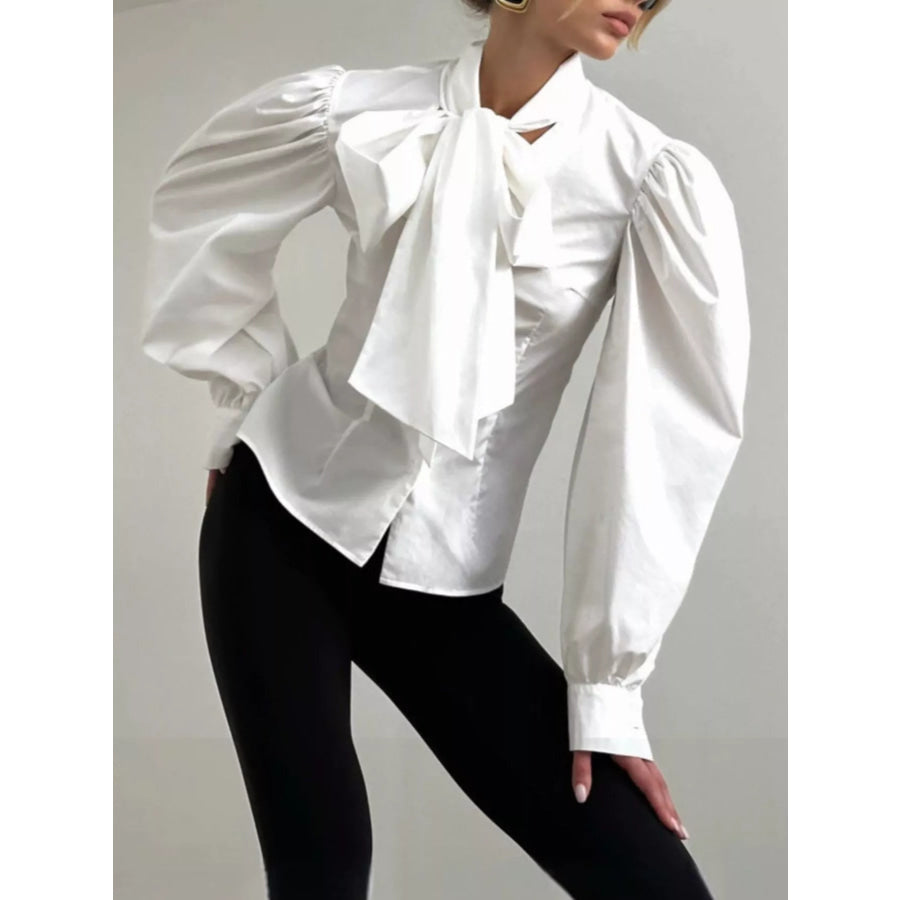 Bow Tie Puffed Sleeves Blouse Apparel and Accessories