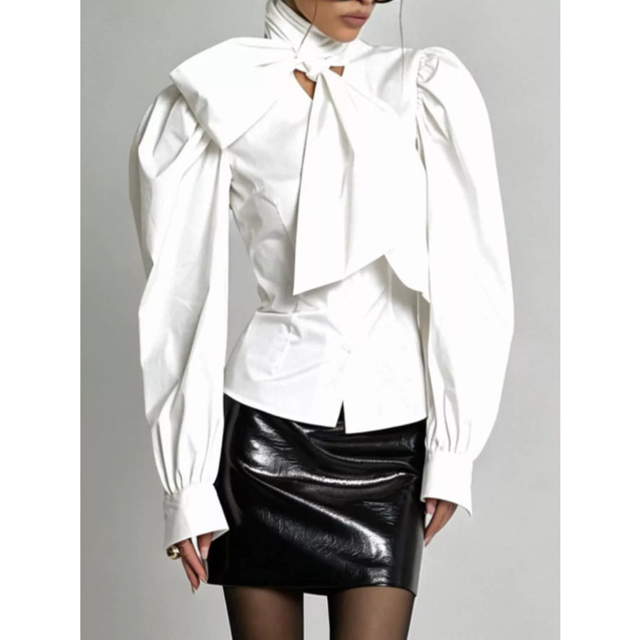 Bow Tie Puffed Sleeves Blouse White / S Apparel and Accessories