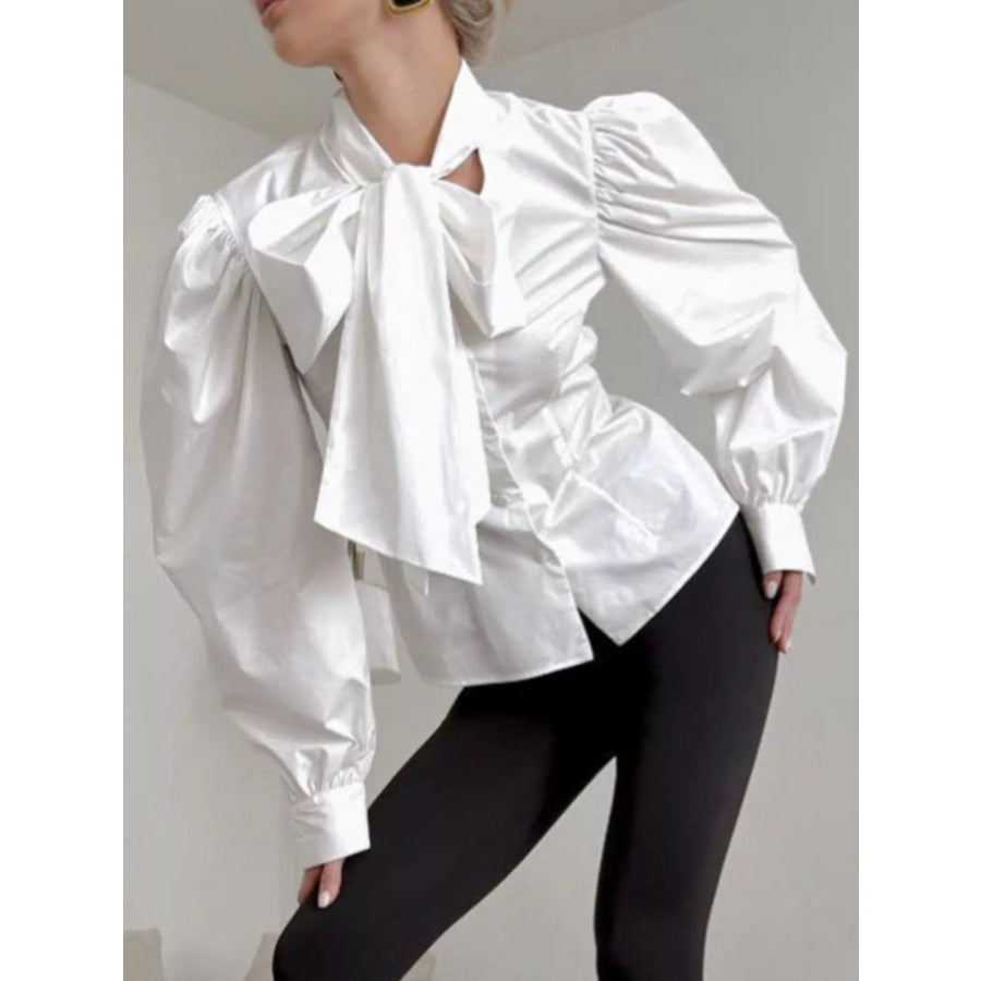 Bow Tie Puffed Sleeves Blouse Apparel and Accessories