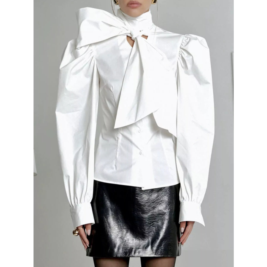 Bow Tie Puffed Sleeves Blouse White / S Apparel and Accessories