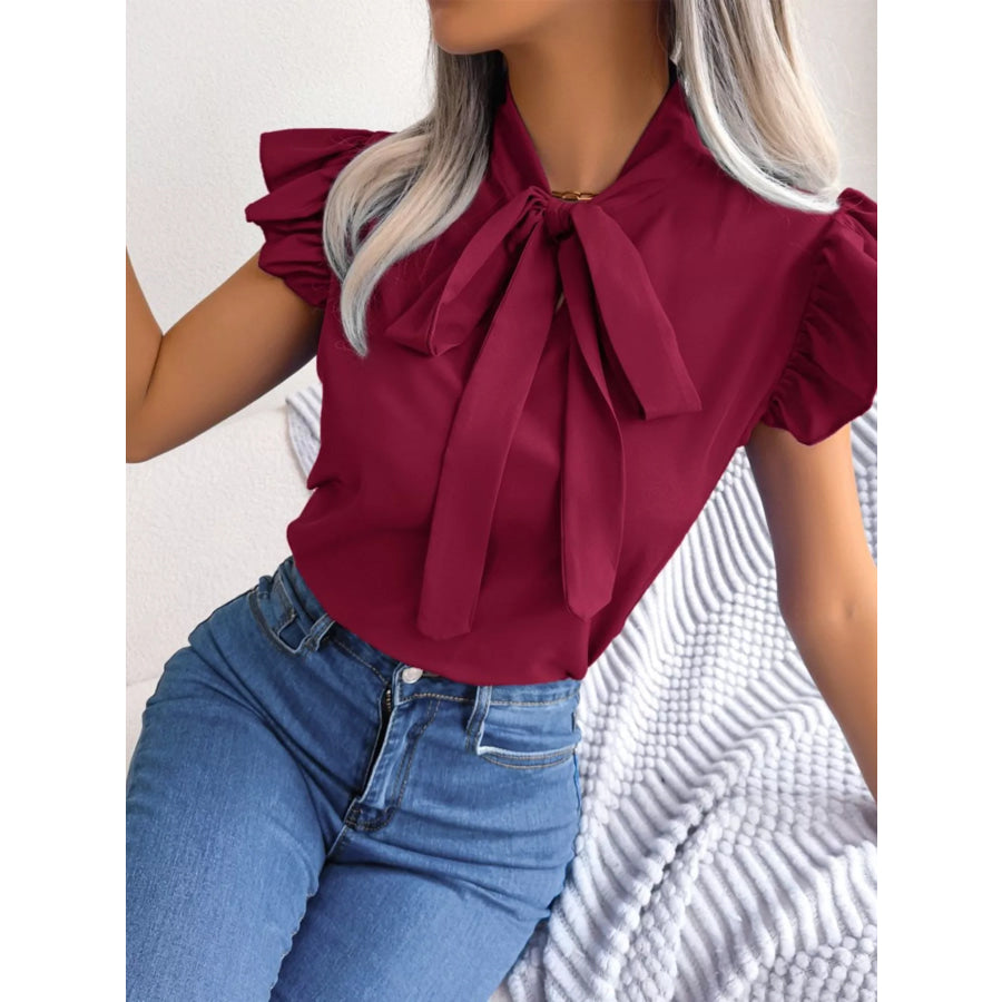 Bow Tie Ruffle Sleeve Blouse Apparel and Accessories