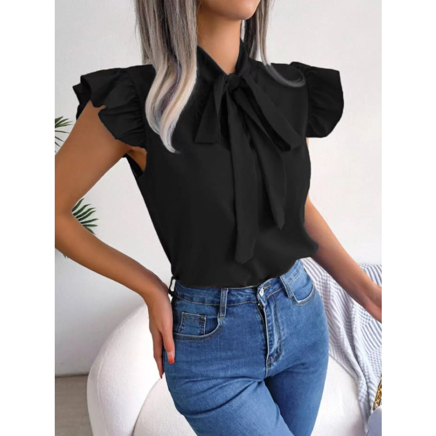 Bow Tie Ruffle Sleeve Blouse Black / S Apparel and Accessories