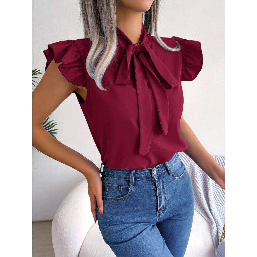 Bow Tie Ruffle Sleeve Blouse Burgundy / S Apparel and Accessories