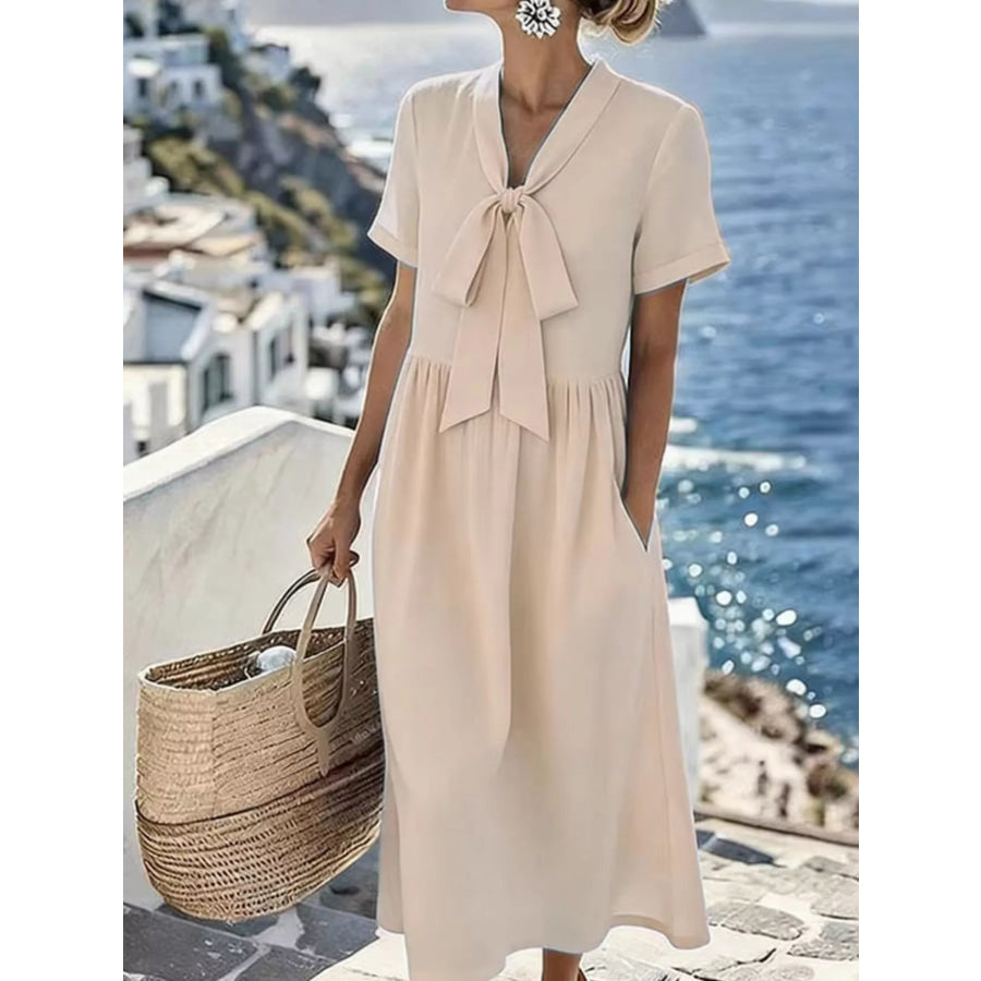 Bow-Tie Short Sleeve Midi Dress Apricot / S Apparel and Accessories