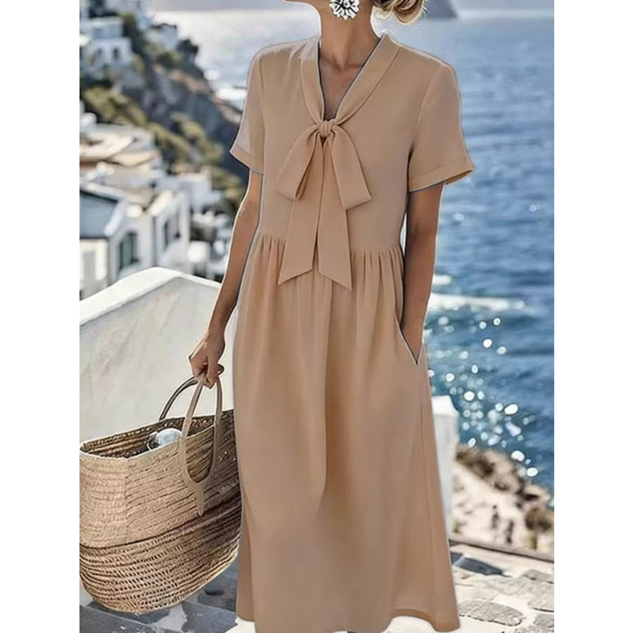 Bow-Tie Short Sleeve Midi Dress Camel / S Apparel and Accessories