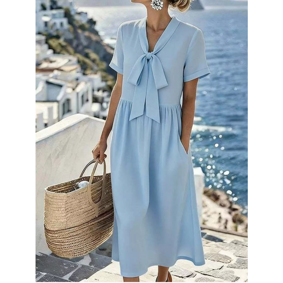 Bow-Tie Short Sleeve Midi Dress Light Blue / S Apparel and Accessories