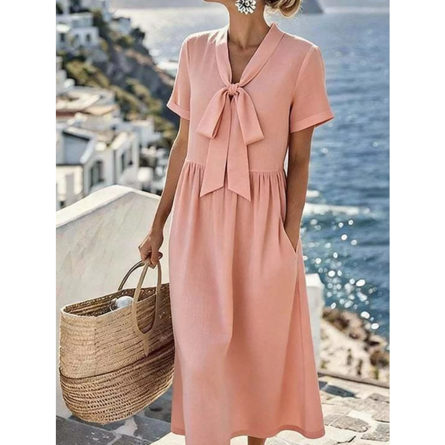 Bow-Tie Short Sleeve Midi Dress Watermelon pink / S Apparel and Accessories