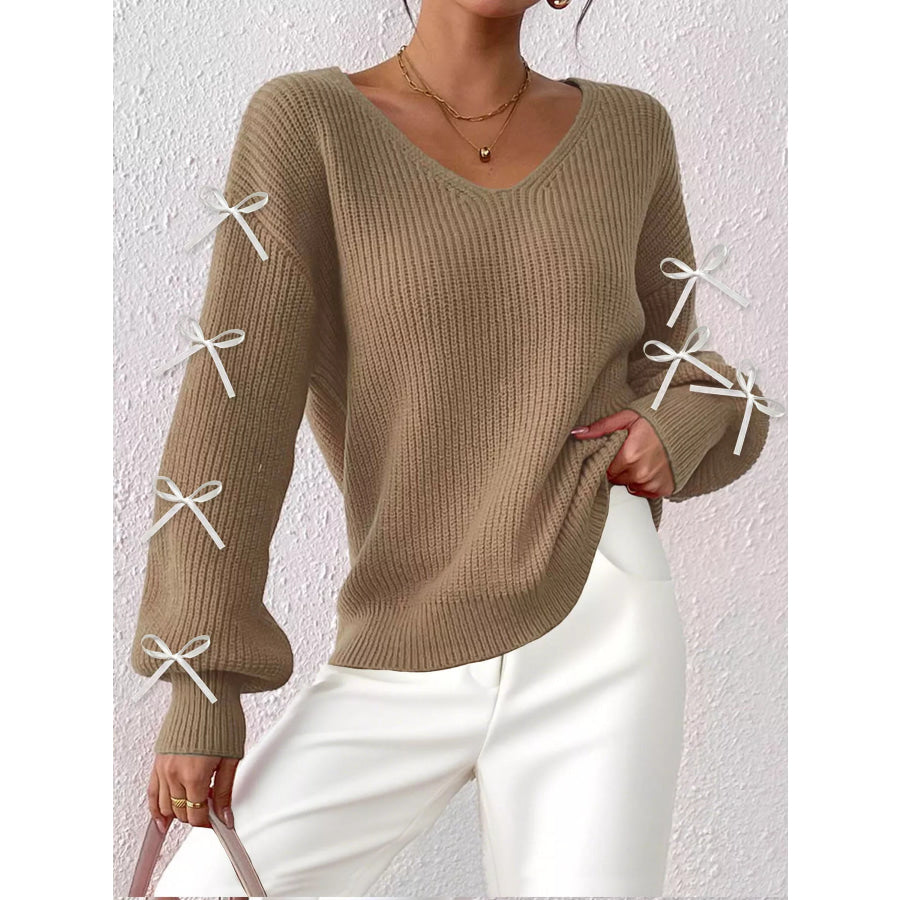 Bow-Tie Sleeve V-Neck Sweater Apparel and Accessories