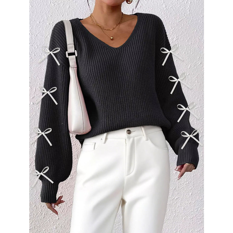 Bow-Tie Sleeve V-Neck Sweater Apparel and Accessories