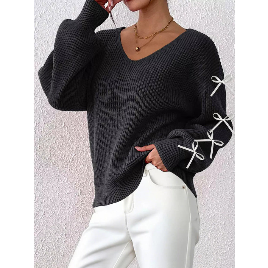 Bow-Tie Sleeve V-Neck Sweater Apparel and Accessories