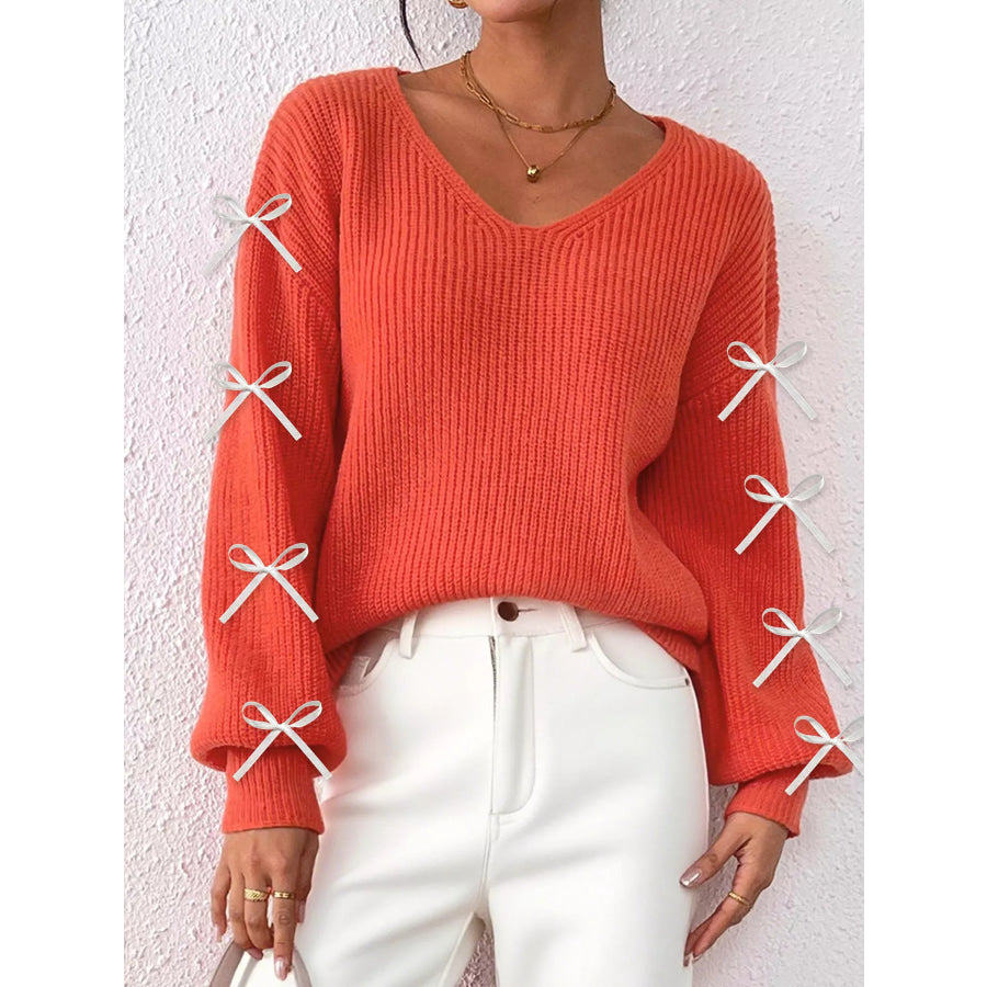 Bow-Tie Sleeve V-Neck Sweater Apparel and Accessories