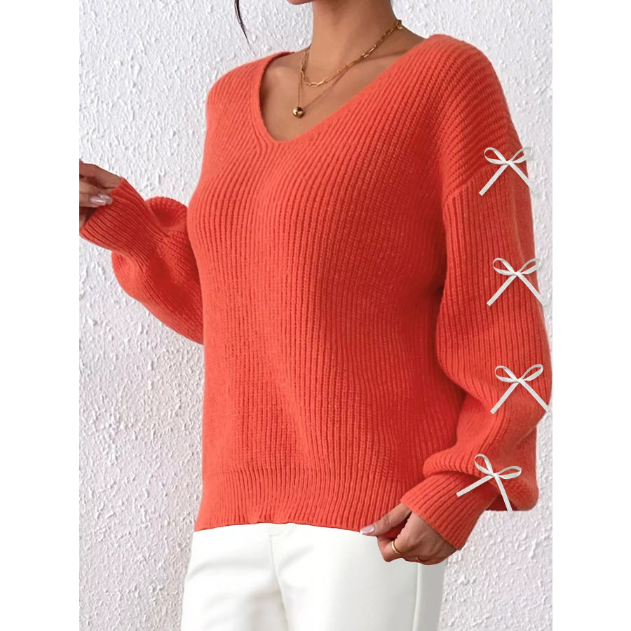 Bow-Tie Sleeve V-Neck Sweater Apparel and Accessories