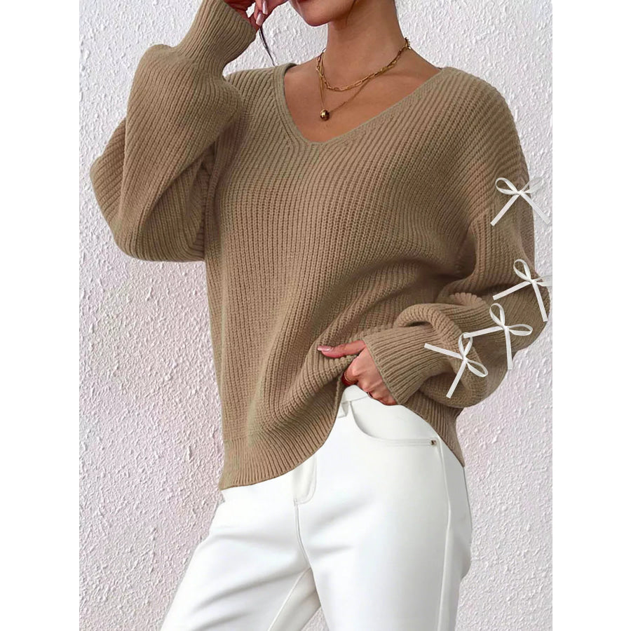 Bow-Tie Sleeve V-Neck Sweater Apparel and Accessories