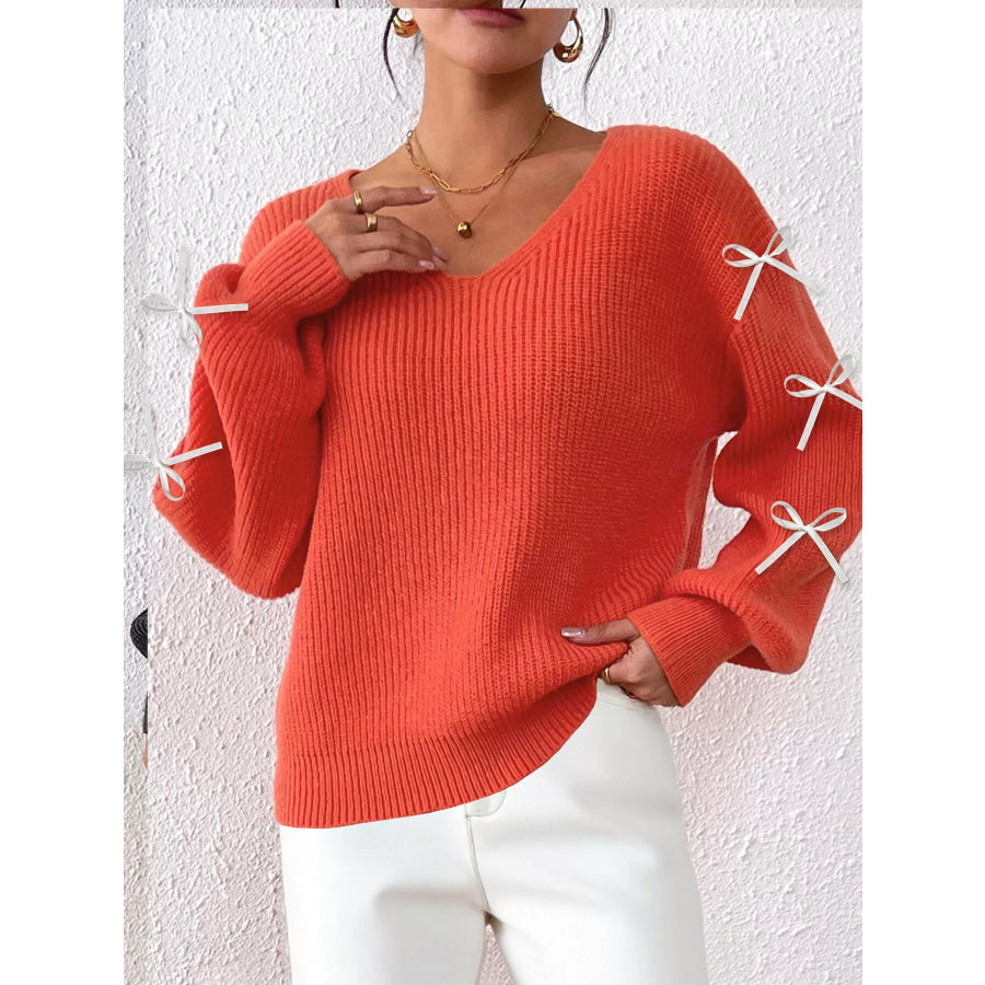 Bow-Tie Sleeve V-Neck Sweater Apparel and Accessories