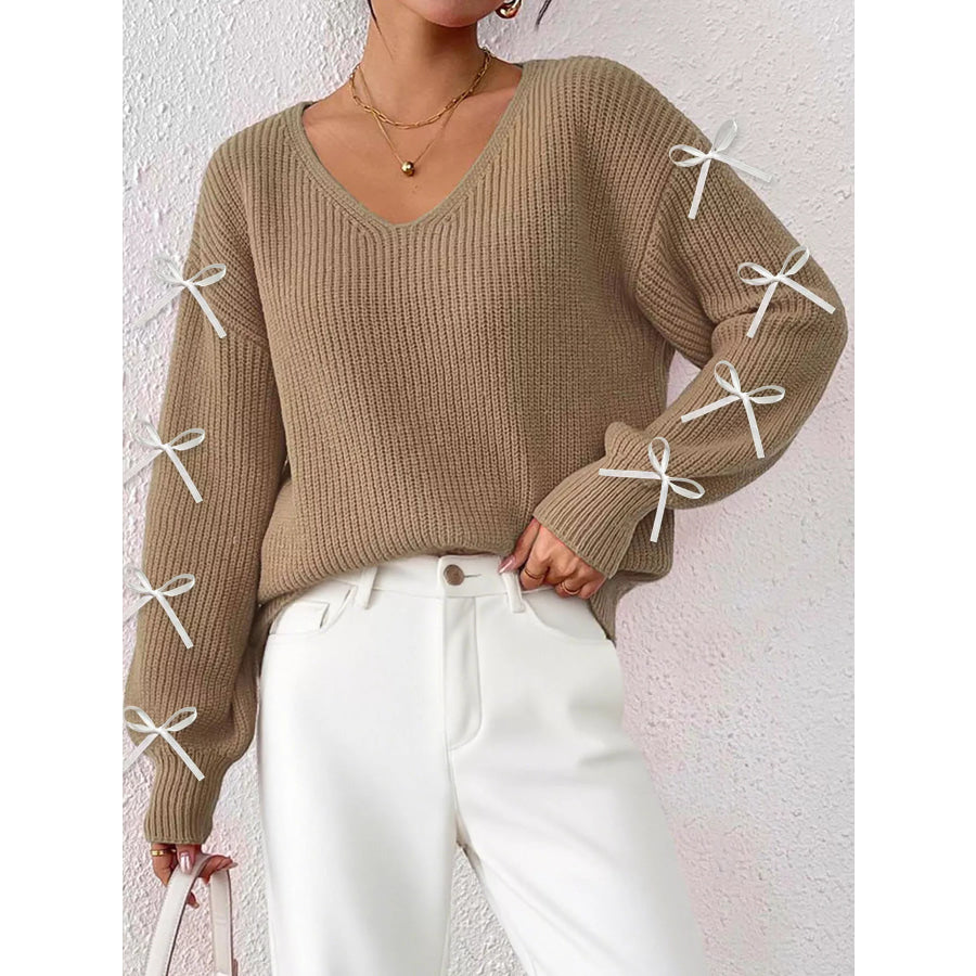 Bow-Tie Sleeve V-Neck Sweater Apparel and Accessories