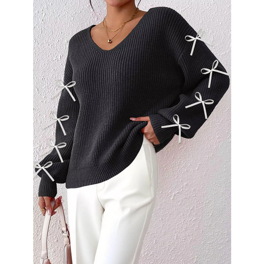 Bow-Tie Sleeve V-Neck Sweater Apparel and Accessories