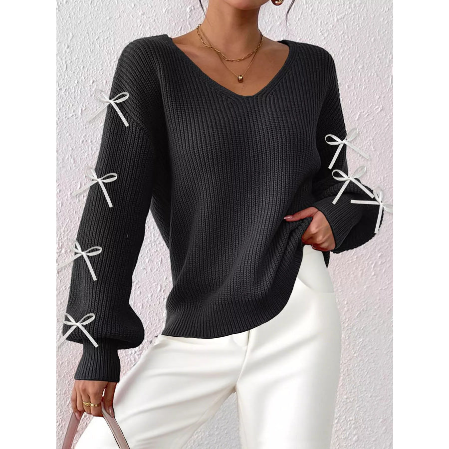 Bow-Tie Sleeve V-Neck Sweater Black / S Apparel and Accessories