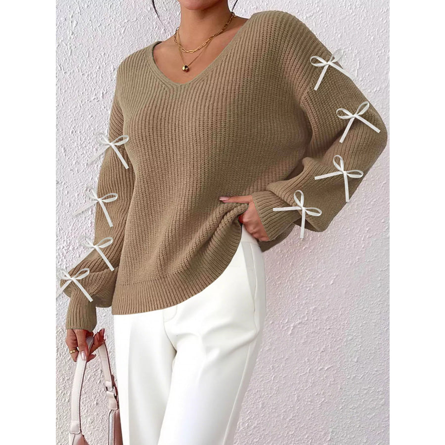 Bow-Tie Sleeve V-Neck Sweater Khaki / S Apparel and Accessories