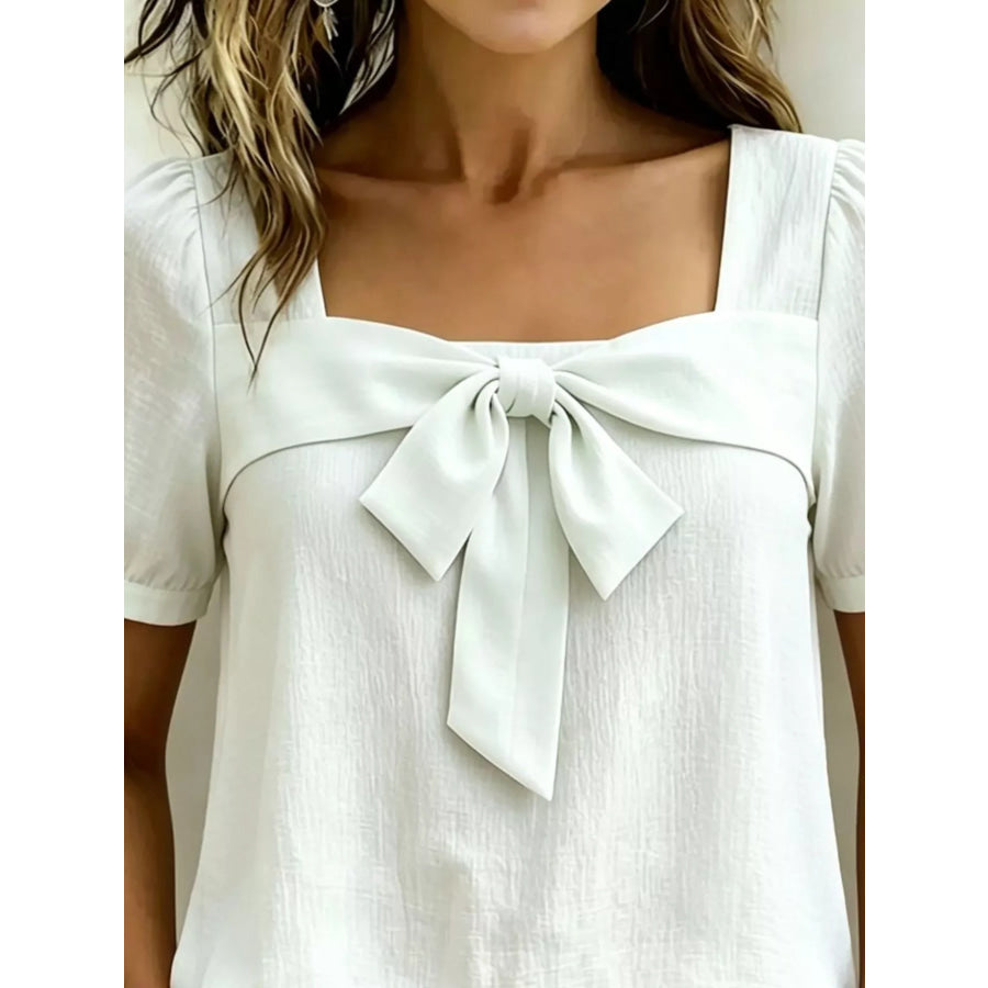 Bow Tie Square Neck Puff Sleeve Blouse Apparel and Accessories