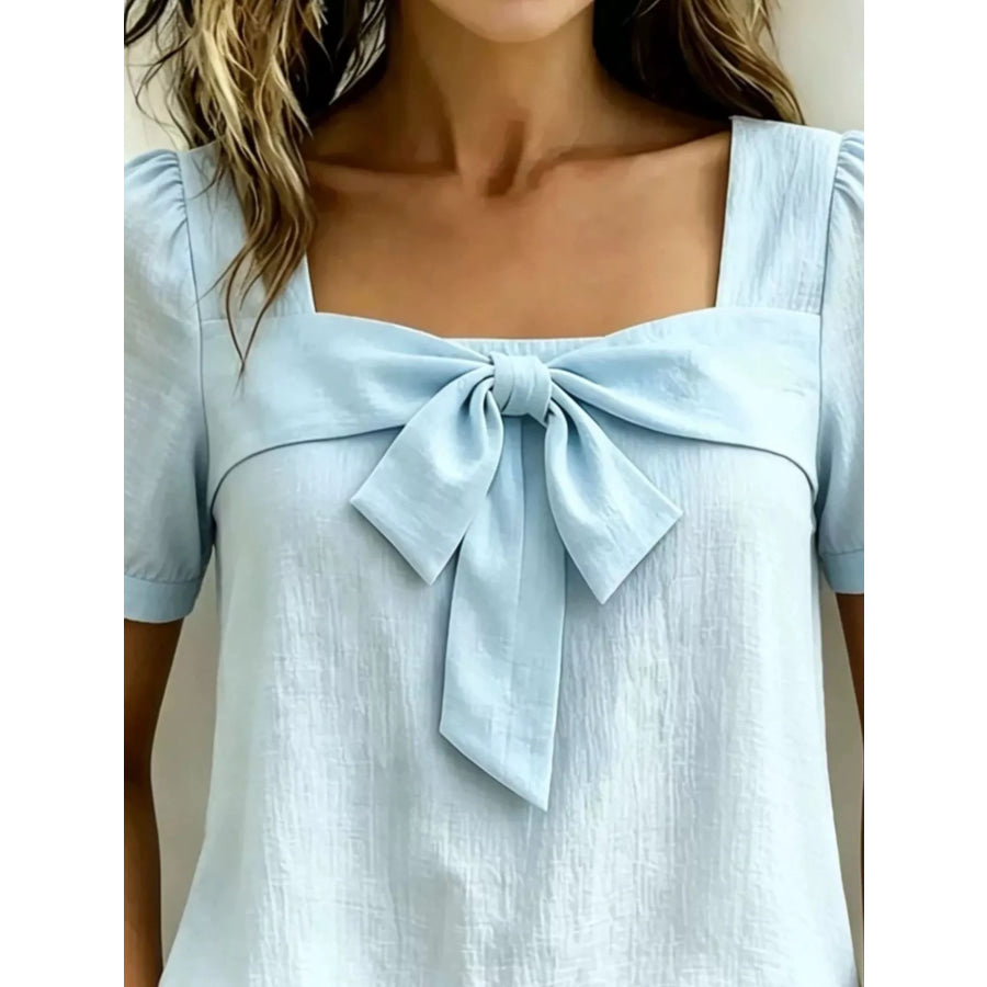 Bow Tie Square Neck Puff Sleeve Blouse Apparel and Accessories