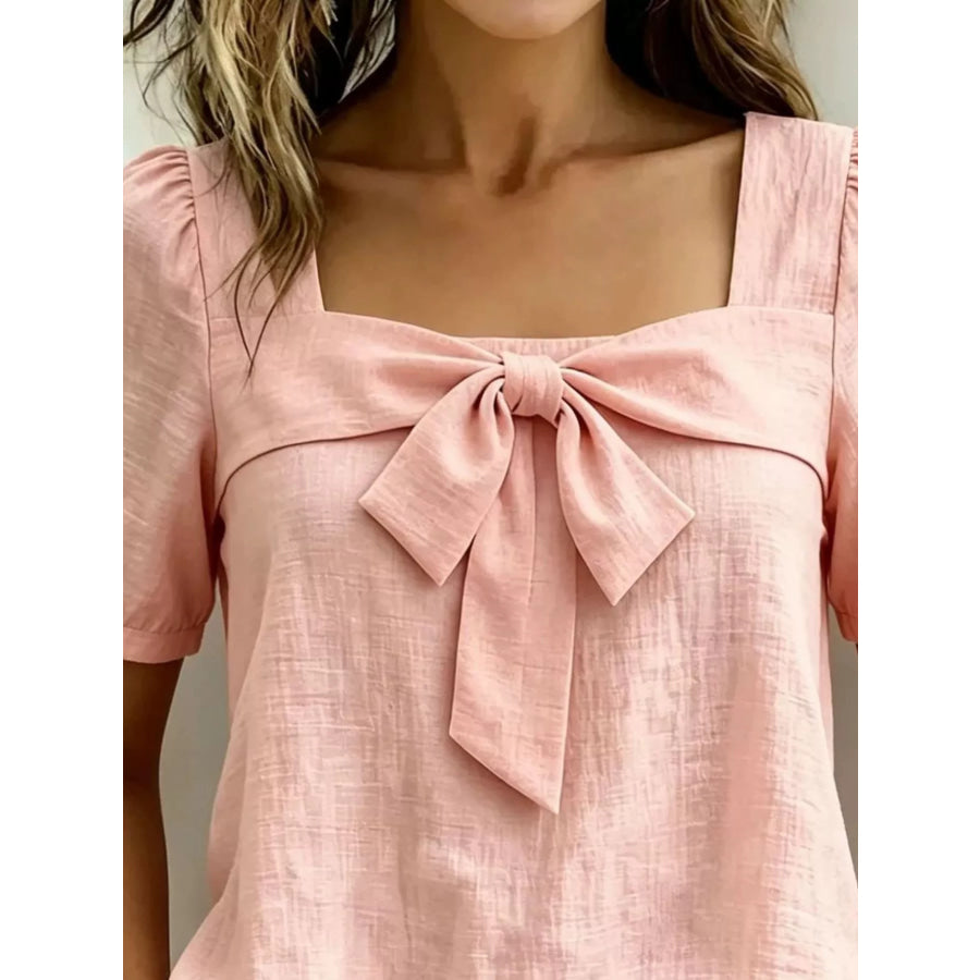 Bow Tie Square Neck Puff Sleeve Blouse Apparel and Accessories