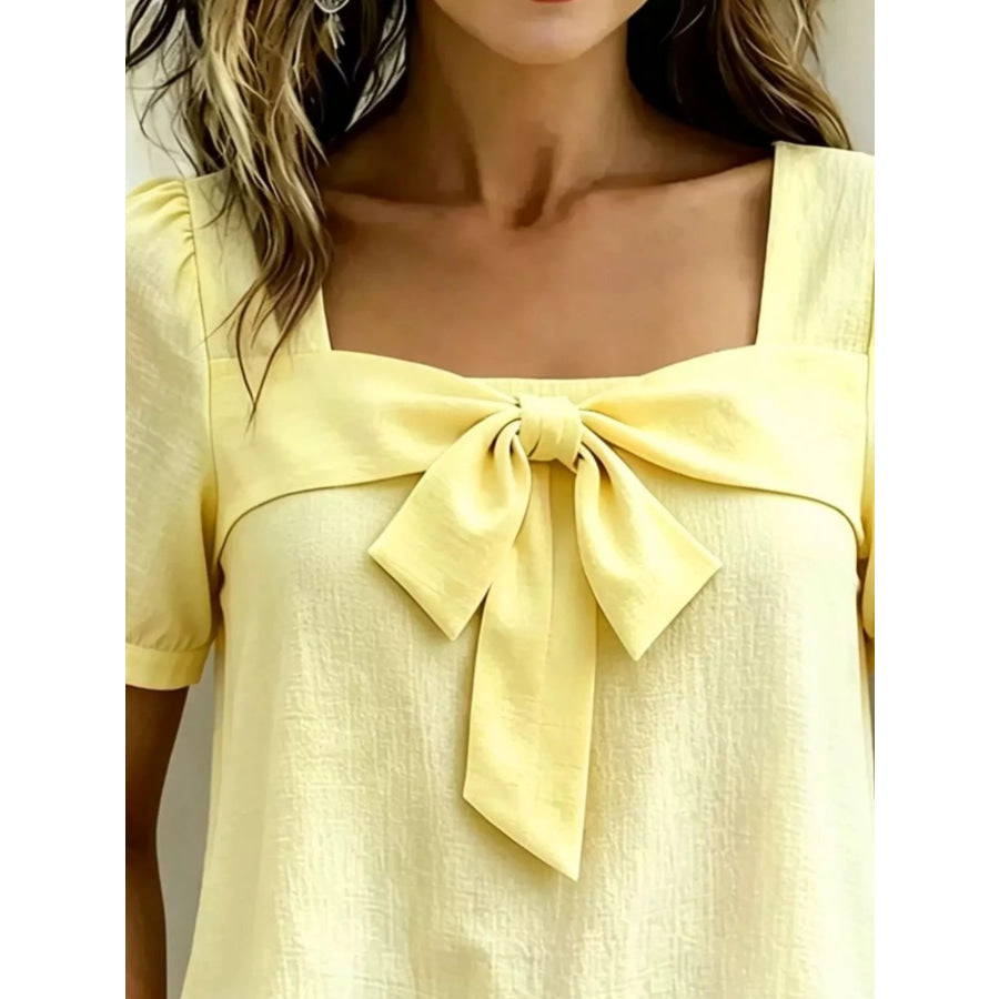 Bow Tie Square Neck Puff Sleeve Blouse Apparel and Accessories
