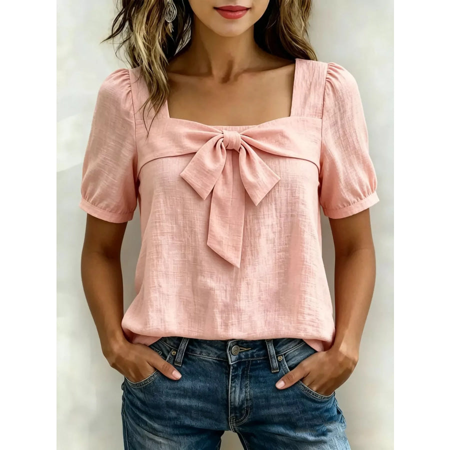 Bow Tie Square Neck Puff Sleeve Blouse Pink / S Apparel and Accessories