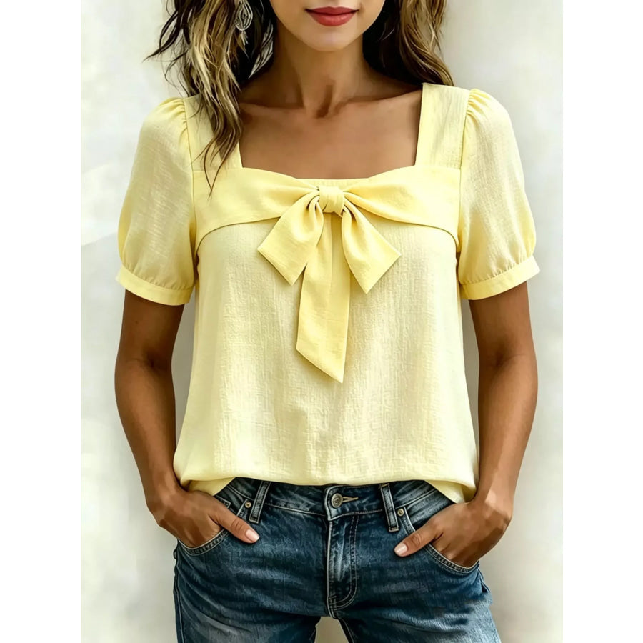 Bow Tie Square Neck Puff Sleeve Blouse Yellow / S Apparel and Accessories