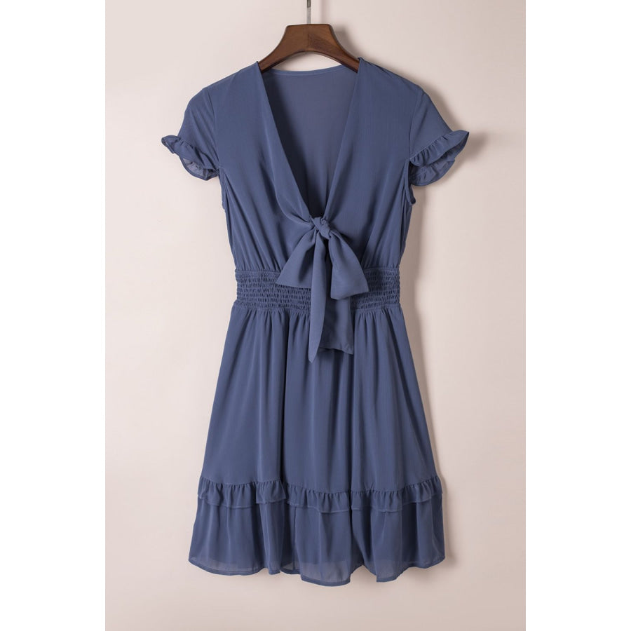 Bow-Tie V-Neck Ruffle Hem Mini Dress Apparel and Accessories