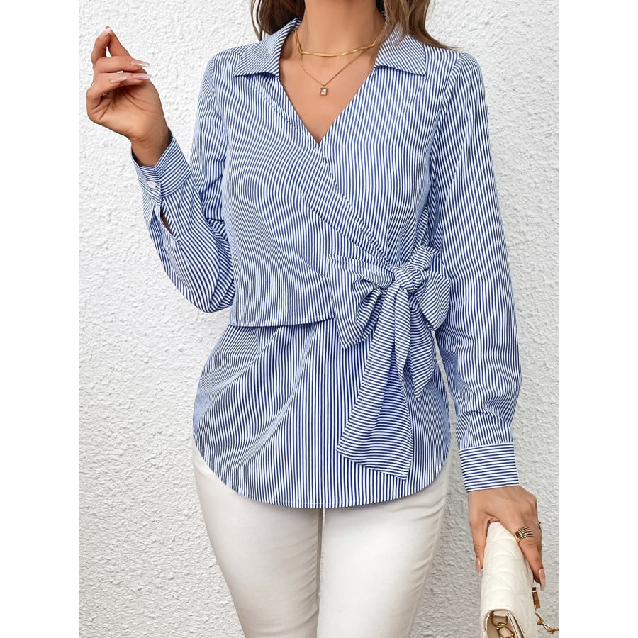 Bow Tie Waist Johnny Collar Neck Striped Blouse Sky Blue / S