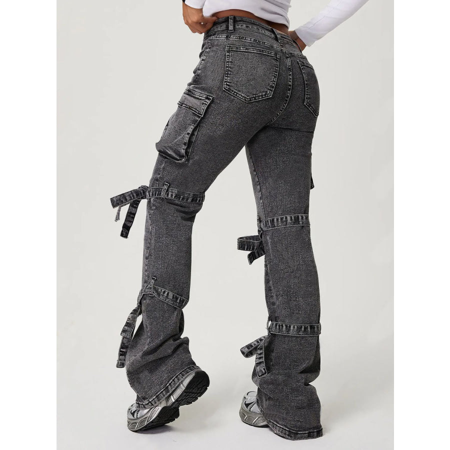 Bow Tied Mid Rise Jeans with Cargo Pockets Dark Gray / XS Apparel and Accessories