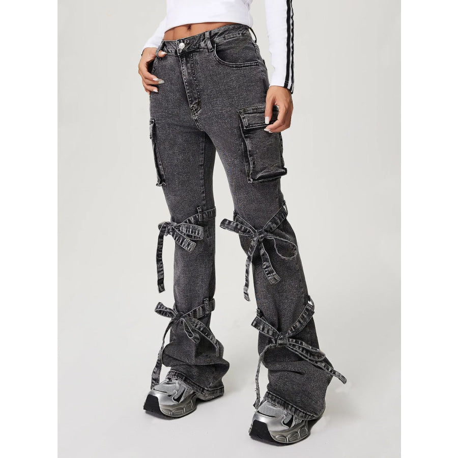 Bow Tied Mid Rise Jeans with Cargo Pockets Dark Gray / XS Apparel and Accessories